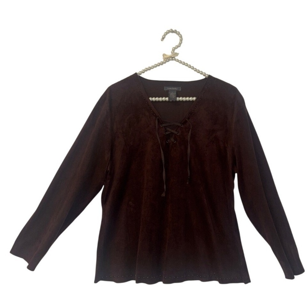 Kate Landry women's blouse top faux suede Brown shirt Sz L Lace-Up V-Neck Tunic
